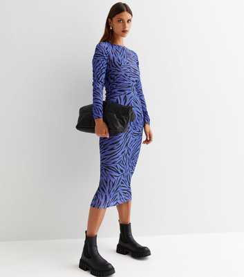 Blue Zebra Print Jersey Ruched Bodycon Midi Dress