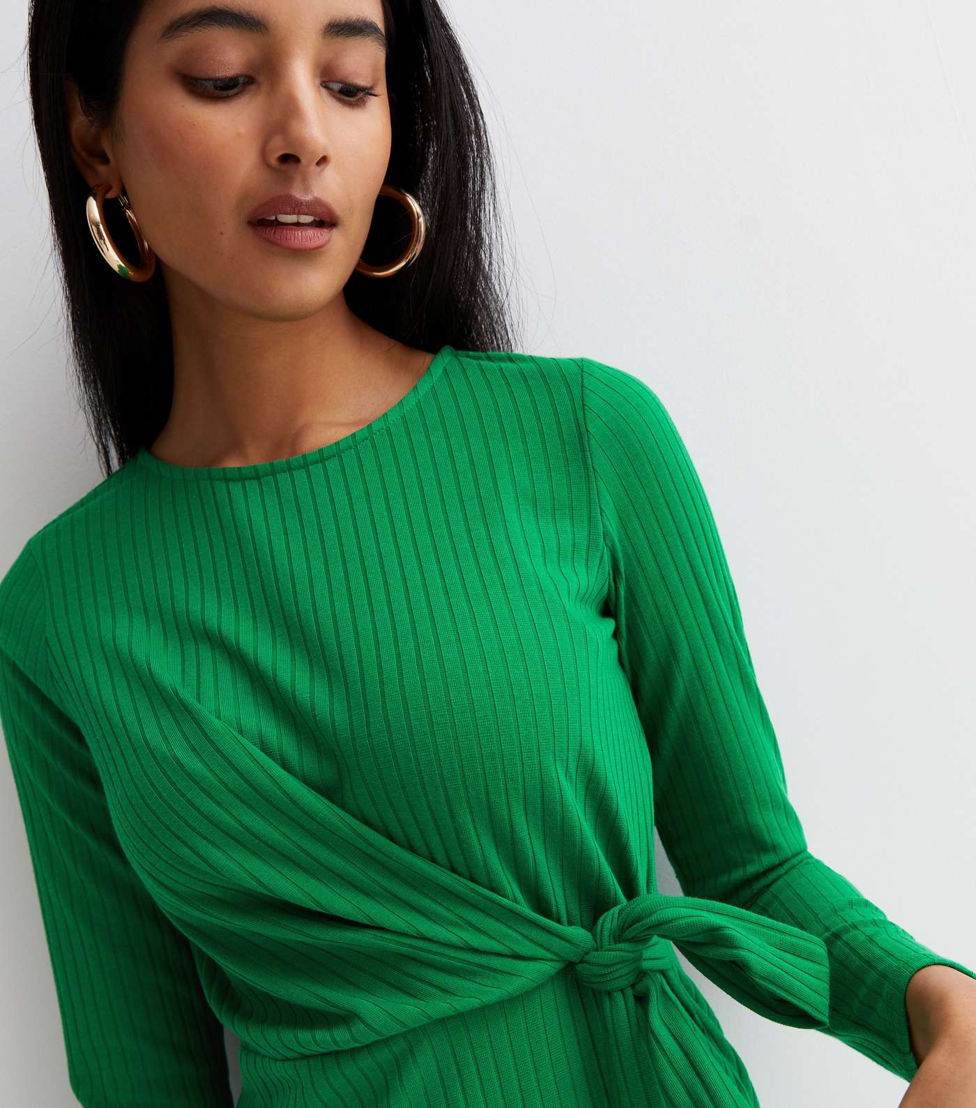 Green Ribbed Jersey Tie Side Long Sleeve Midi Dress Image 2