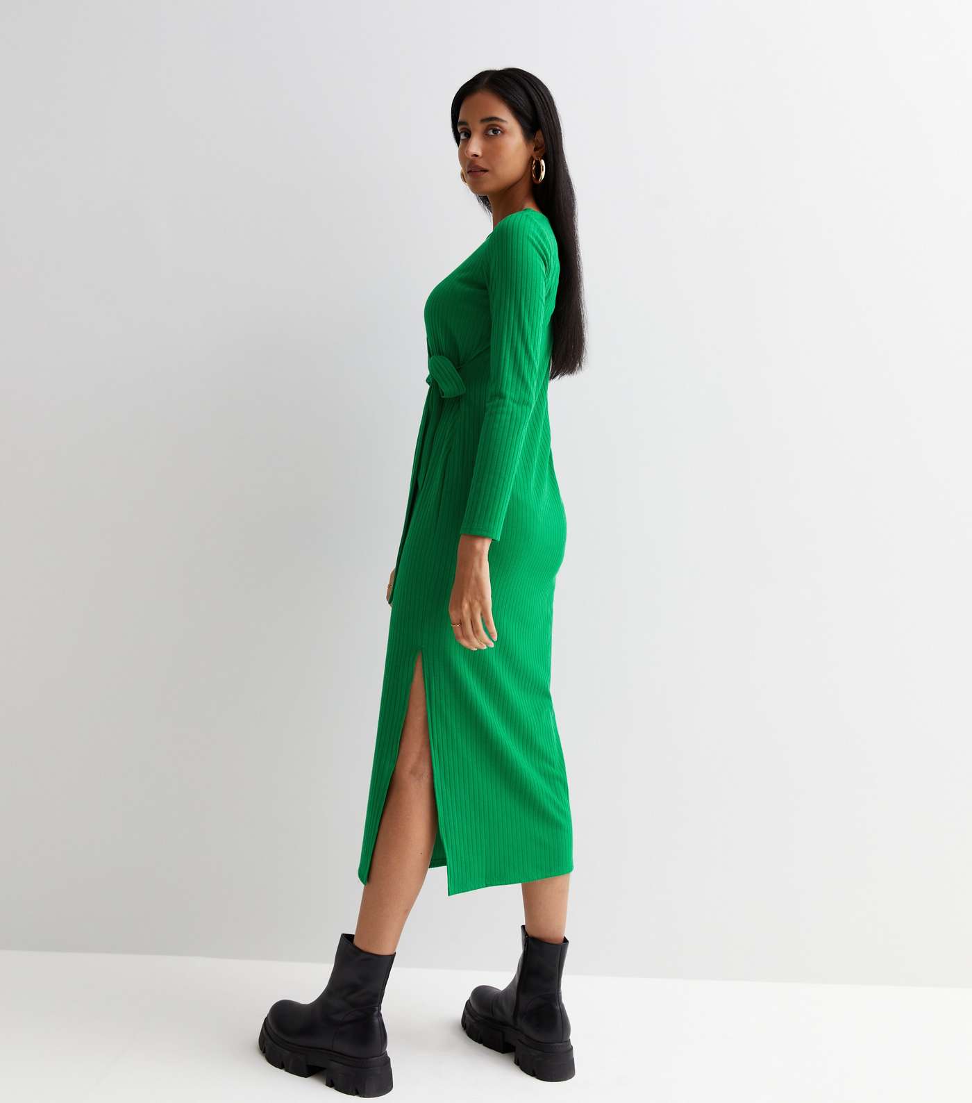 Green Ribbed Jersey Tie Side Long Sleeve Midi Dress Image 4