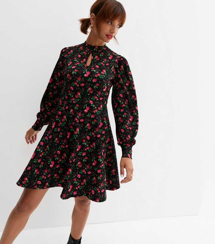 Black Floral Crinkle Keyhole High Neck Long Puff Sleeve Mini Dress
