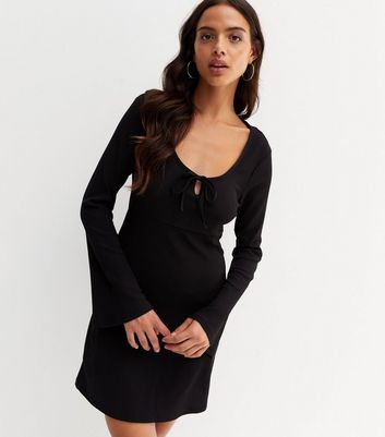 Black Crinkle Jersey Tie Front Flared Sleeve Mini Dress