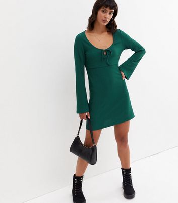 Deep Green Crinkle Jersey Tie Front Flared Sleeve Mini Dress