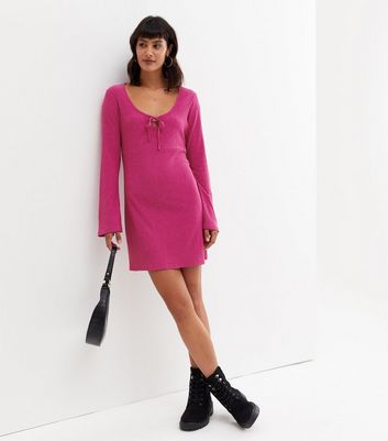 Deep Pink Crinkle Jersey Tie Front Flared Sleeve Mini Dress