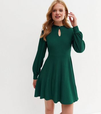 Dark Green Crinkle Long Sleeve Keyhole Mini Dress