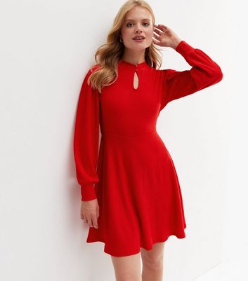 Dark Red Crinkle Long Sleeve Keyhole Mini Dress