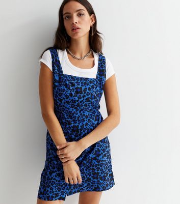 Blue Animal Print Crepe Button Front Pinafore Dress