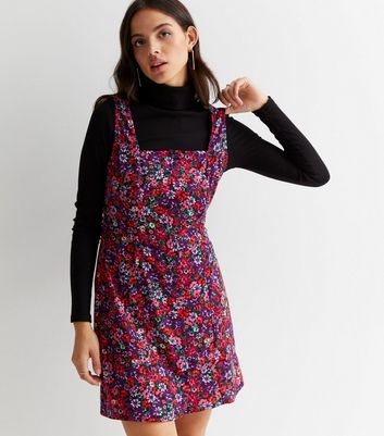 Red Floral Crepe Button Front Pinafore Dress