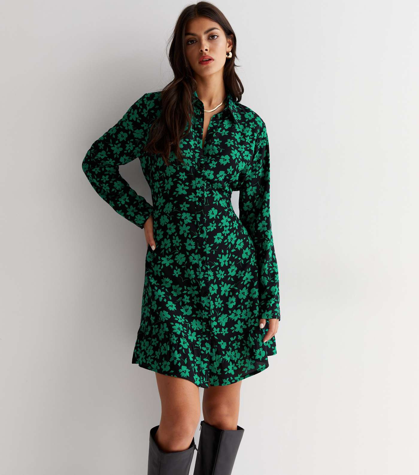 Green Floral Print Long Sleeve Mini Shirt Dress