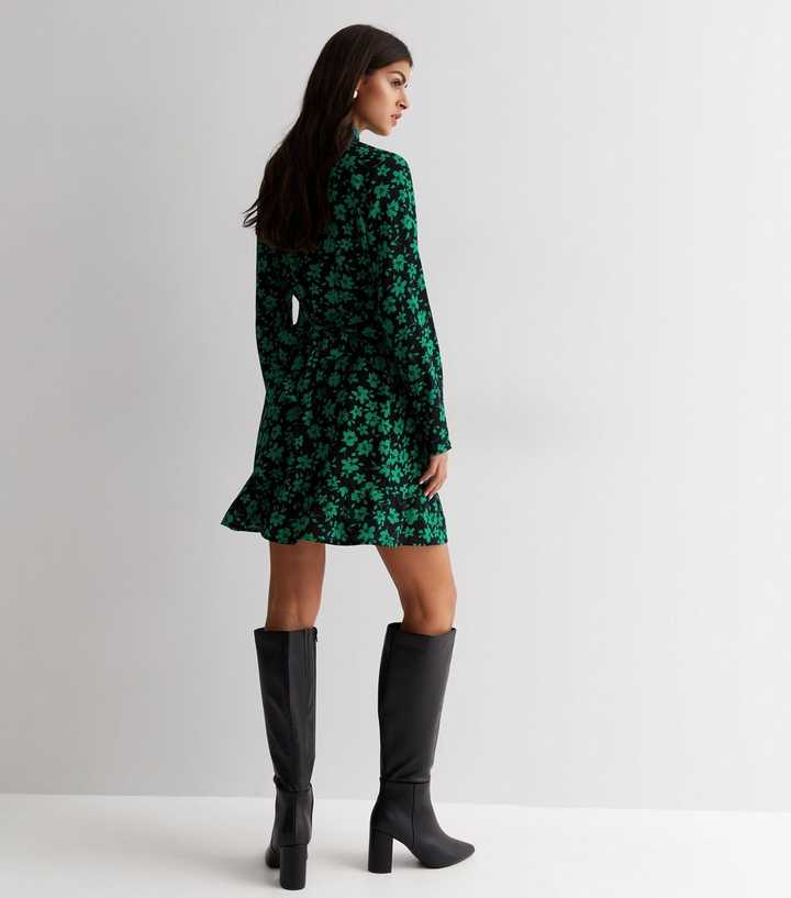 Green Floral Print Long Sleeve Mini Shirt Dress | New Look