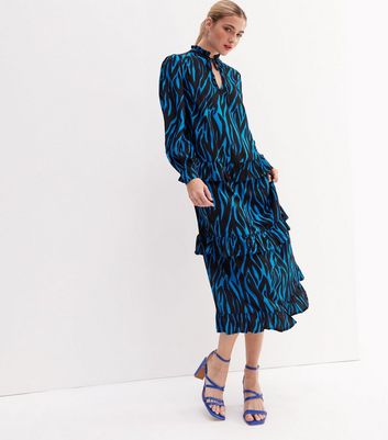 Blue Zebra Print Crepe Tiered Frill Midi Smock Dress