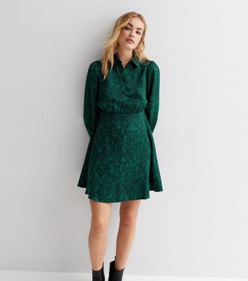 Green Snake Print Long Sleeve Mini Shirt Dress New Look