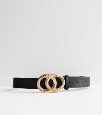Black Leather-Look Textured Double Circle Belt