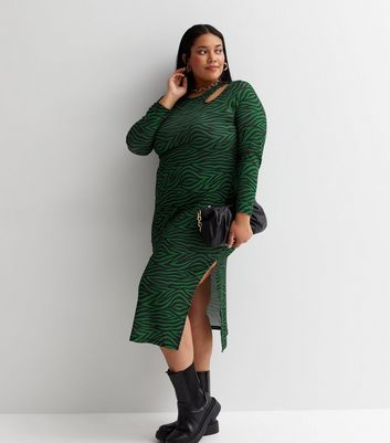 Curves Green Geometric Stripe Jersey Long Sleeve Cut Out Midi Dress New Look