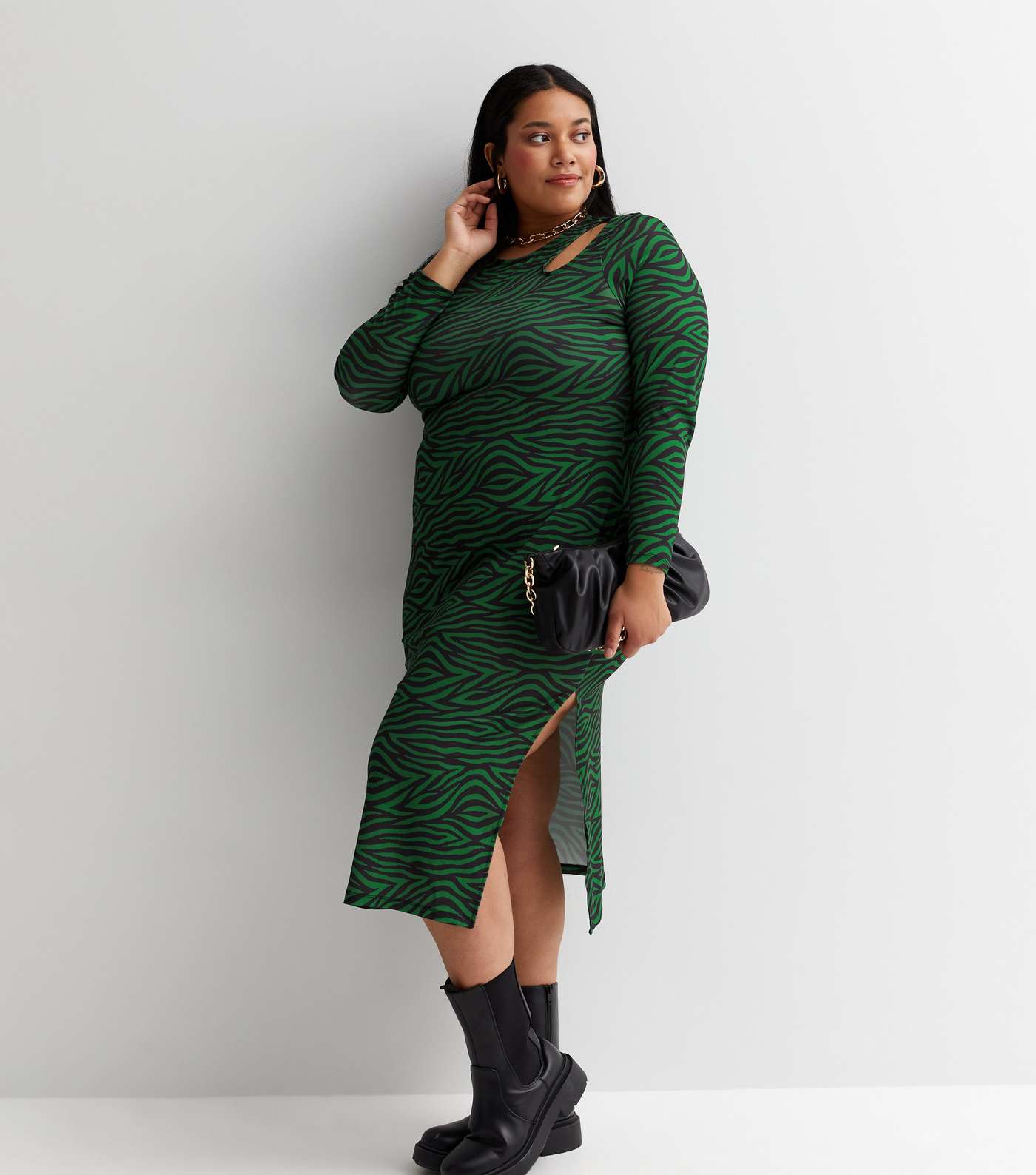 Curves Green Geometric Stripe Jersey Long Sleeve Cut Out Midi Dress