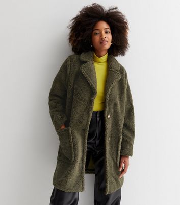 Gini London Khaki Teddy Long Coat | New Look