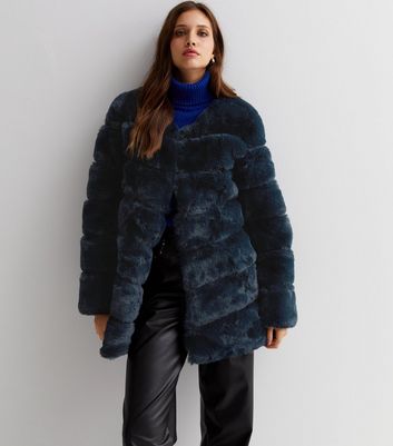 navy blue faux fur coat womens