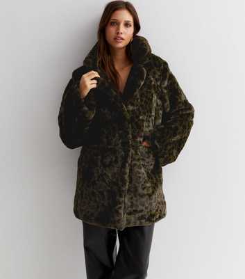 Gini London Khaki Leopard Print Faux Fur Coat