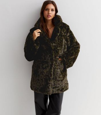 Gini London Khaki Leopard Print Faux Fur Coat | New Look