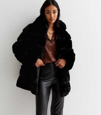 Maternity Black Faux Fur Hood Belted Puffer Coat