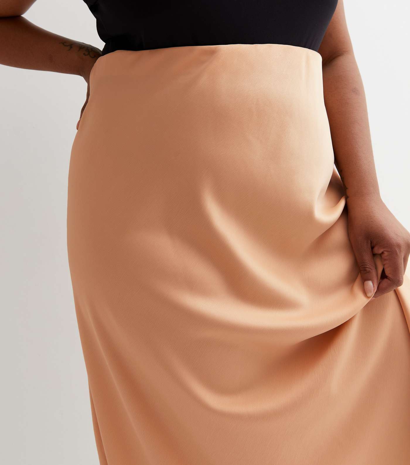Curves Pale Pink Satin Bias Cut Midi Skirt Image 2