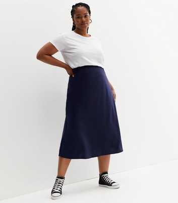 Curves Indigo Satin Bias Cut Midi Skirt