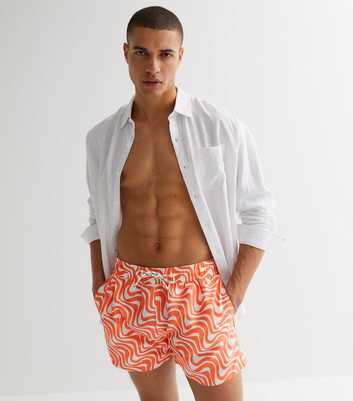 Bright Orange Wave Print Swim Shorts