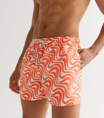 Men's Bright Orange Wave Print Swim Shorts New Look