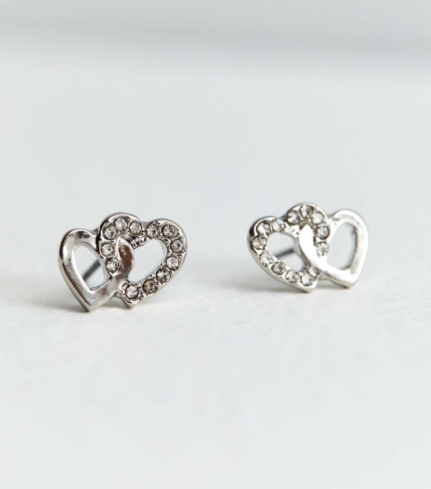 Silver Diamanté Double Heart Stud Earrings Image 2