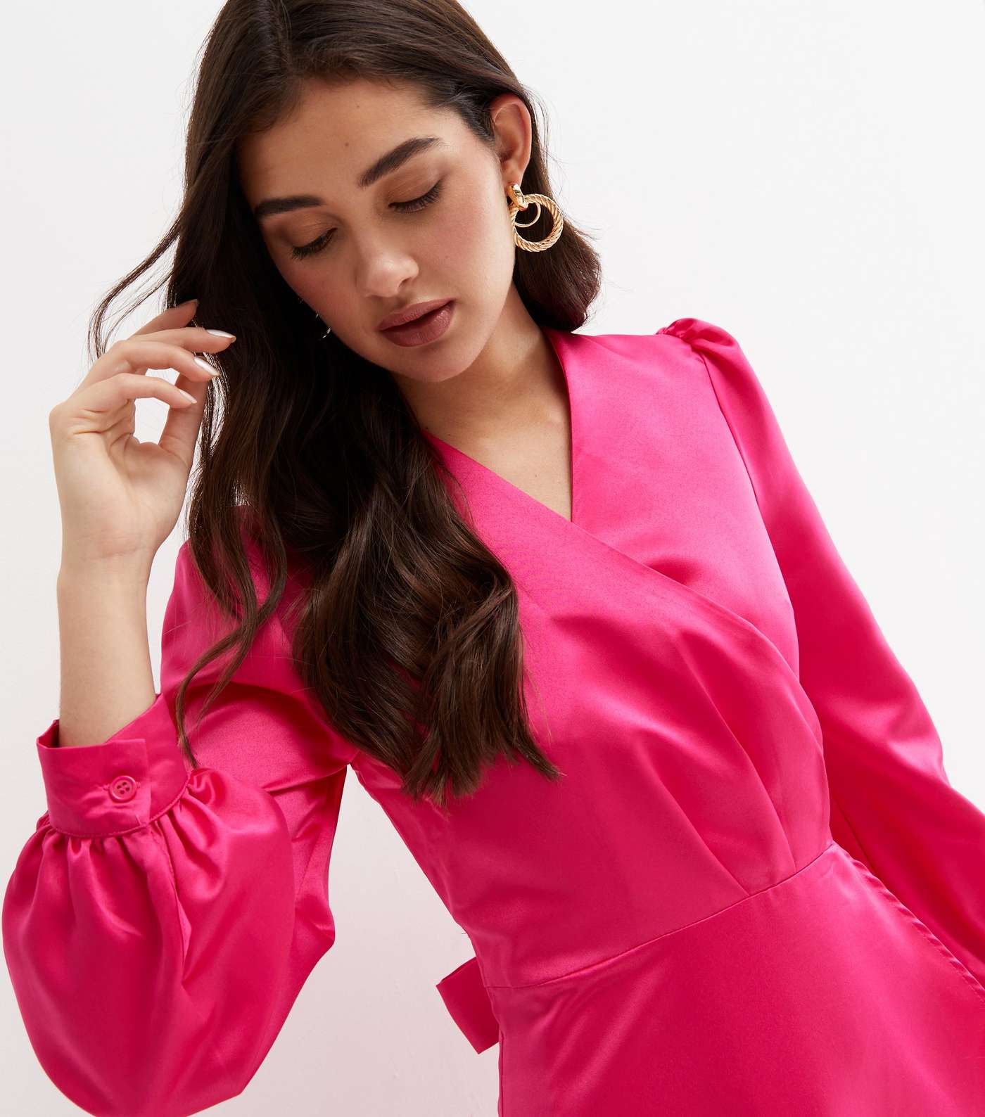 Cutie London Bright Pink Satin Long Sleeve Maxi Wrap Dress Image 3