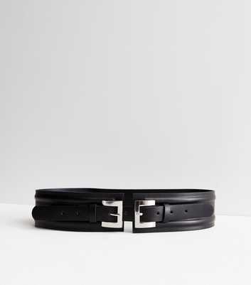 Black Leather-Look Double Buckle Corset Belt