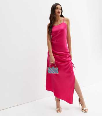 Cutie London Bright Pink Satin Ruched Asymmetric Hem Maxi Dress