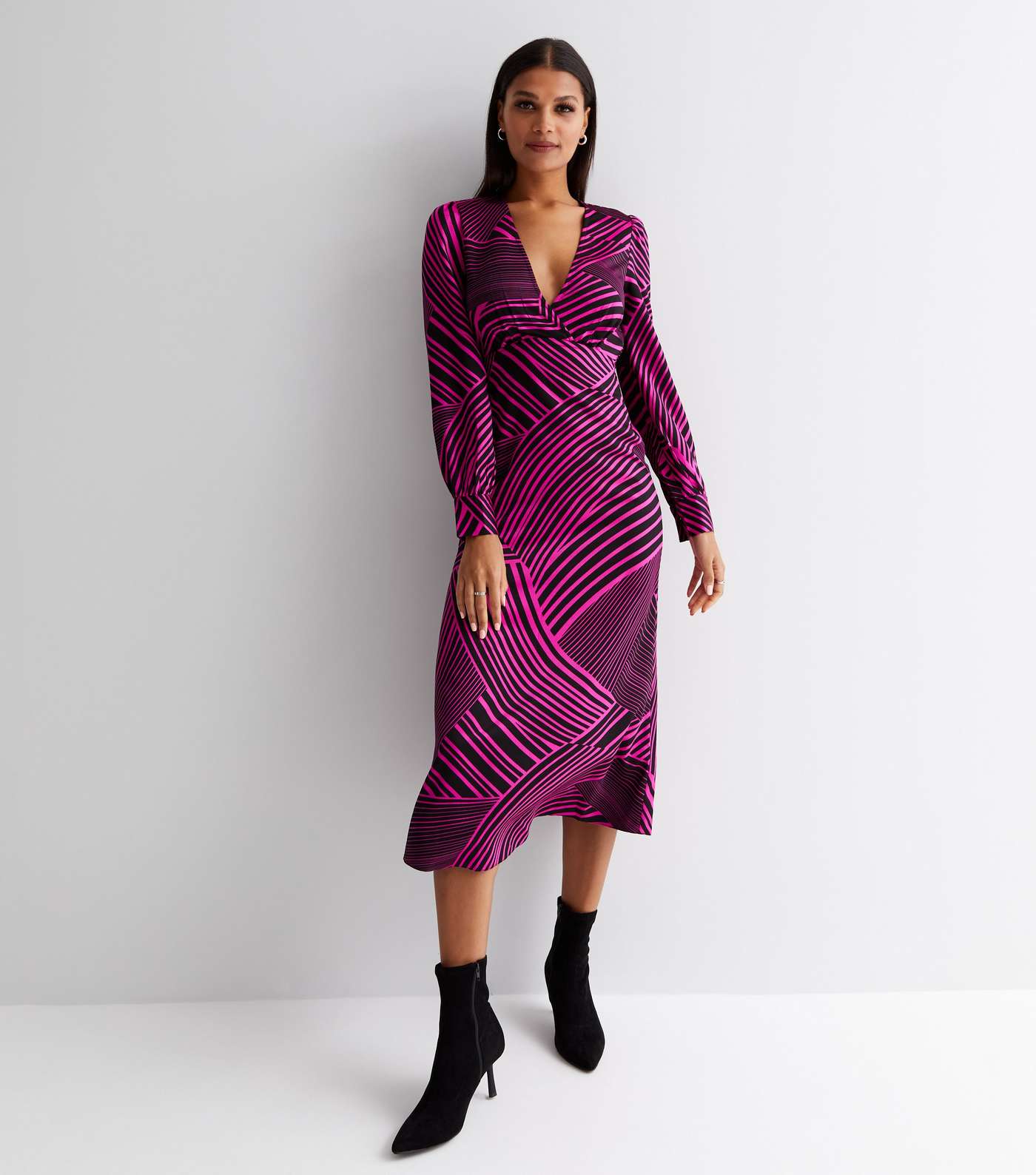Pink Abstract Stripe V Neck Long Sleeve Midi Dress Image 2