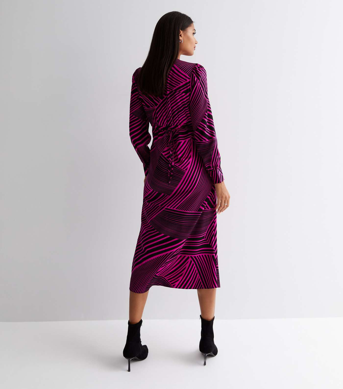 Pink Abstract Stripe V Neck Long Sleeve Midi Dress Image 4