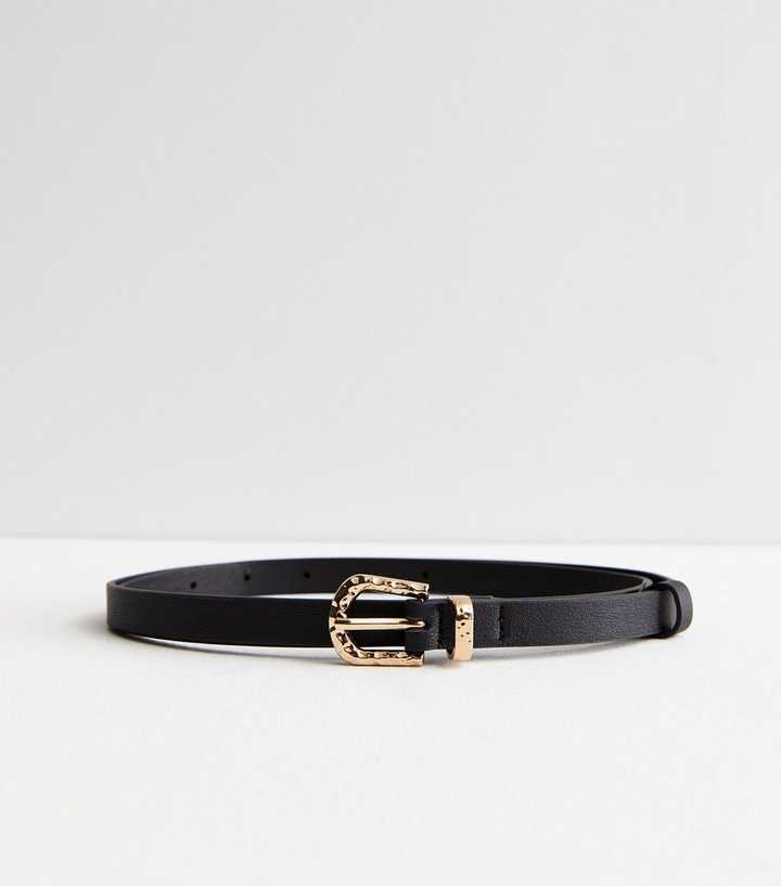 Black Leather-Look Hammered Buckle Skinny Belt