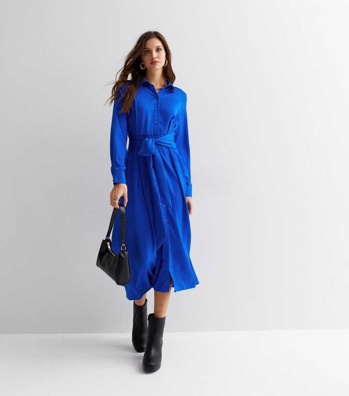 Blue Tie Waist Long Sleeve Midi Shirt Dress