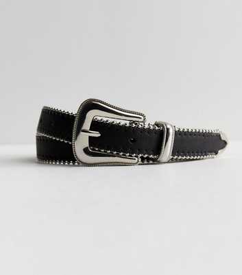 Black Leather-Look Silver Buckle Western Belt