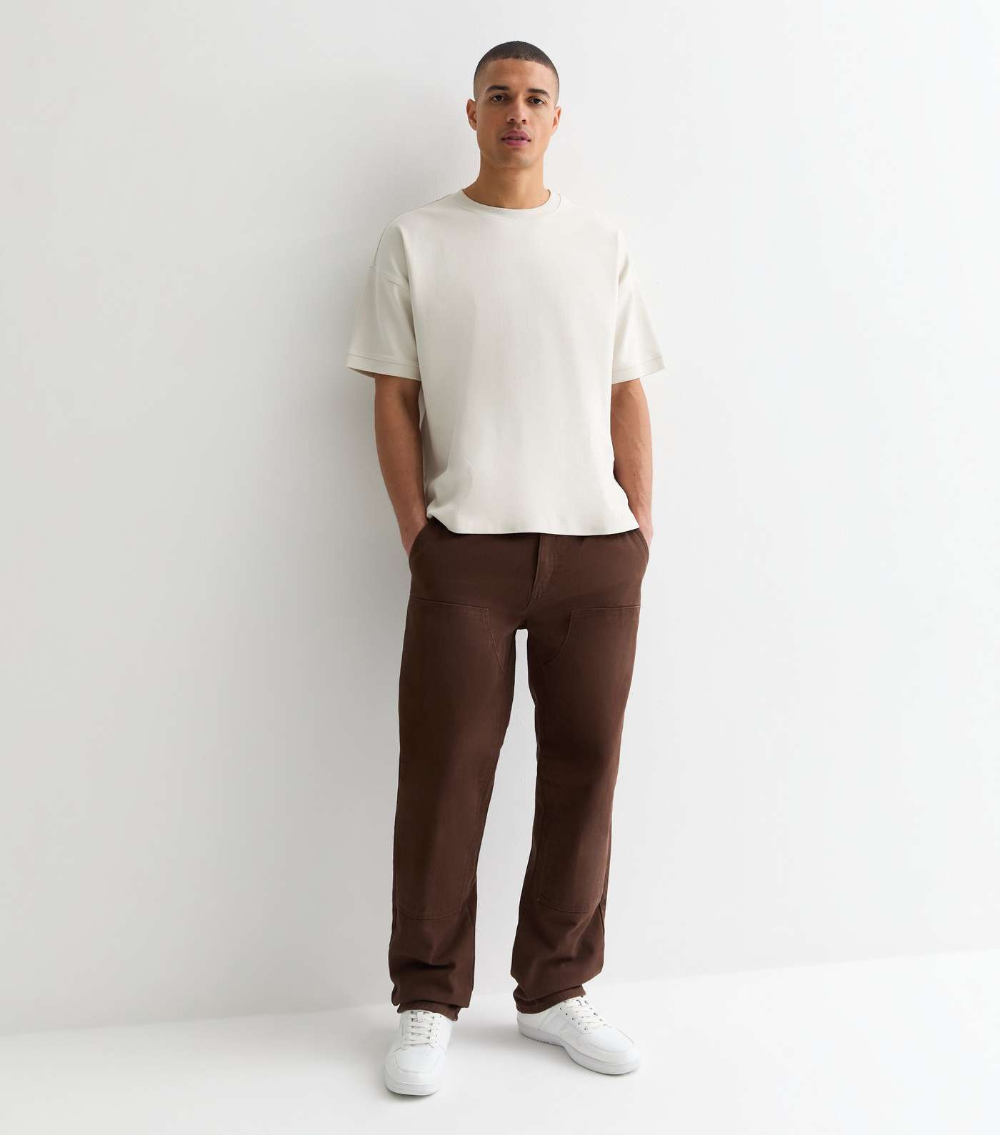 Dark Brown Panelled Straight Fit Trousers Image 3