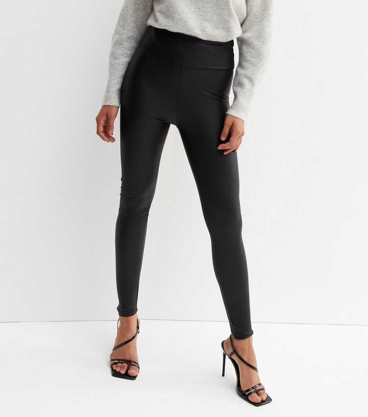 Cameo Rose Black Leather-Look Ribbed Panel Leggings New Look