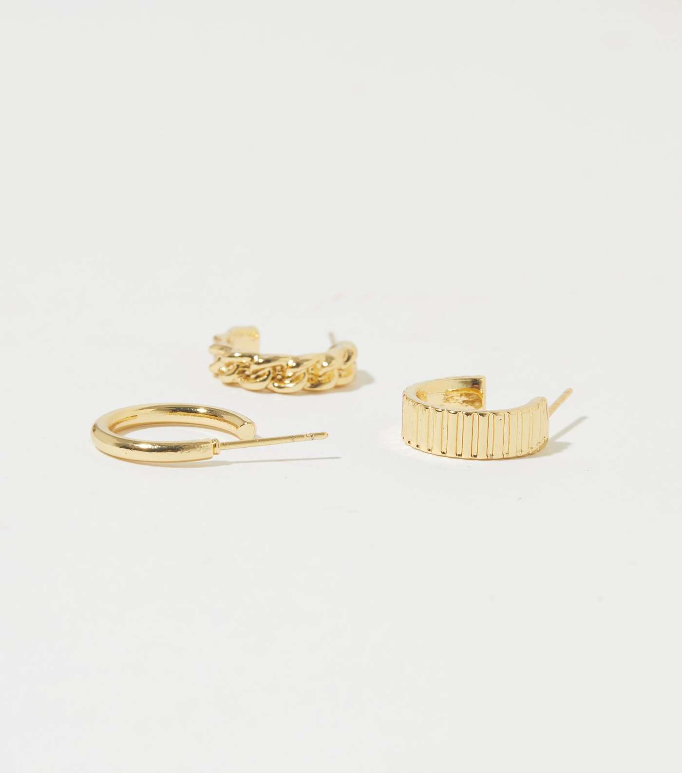 3 Pack Real Gold Plated Chain and Ridge Huggie Hoop Earrings Image 2