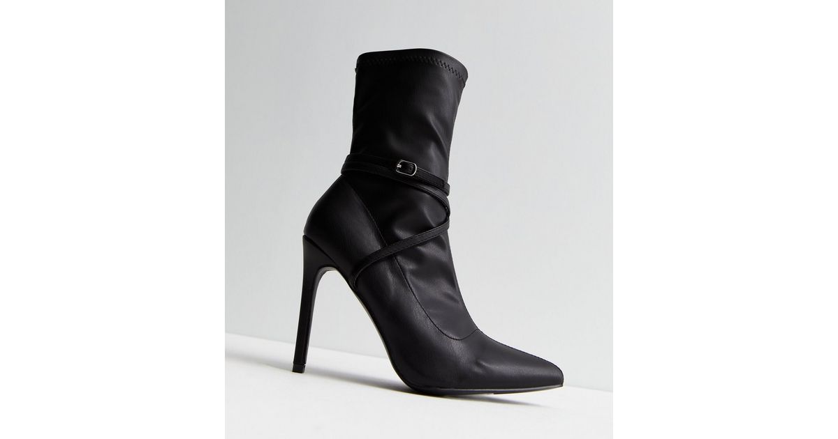 Public Desire Black Buckle Stiletto Heel Sock Boots New Look