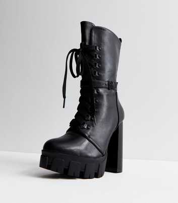 Public Desire Black Leather-Look Lace Up Chunky Block Heel Boots