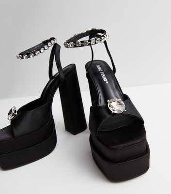 Public Desire Black Satin Diamanté Block Heel Platform Sandals