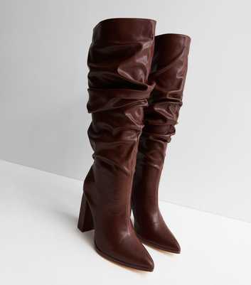 Public Desire Dark Brown Leather-Look Ruched Knee High Block Heel Boots