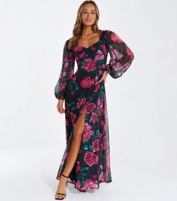 QUIZ Black Floral Chiffon Long Puff Sleeve Maxi Dress | New Look