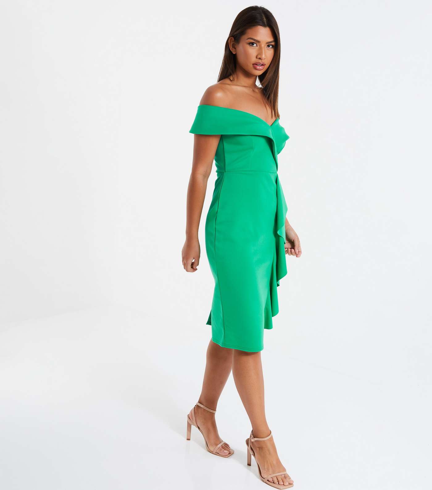 QUIZ Green Frill Bardot Midi Dress Image 2