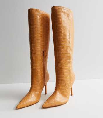 Public Desire Tan Faux Croc Stiletto Heel Knee High Boots