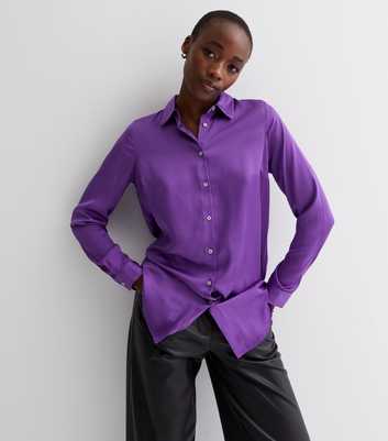 Tall Purple Satin Long Sleeve Oversized Shirt