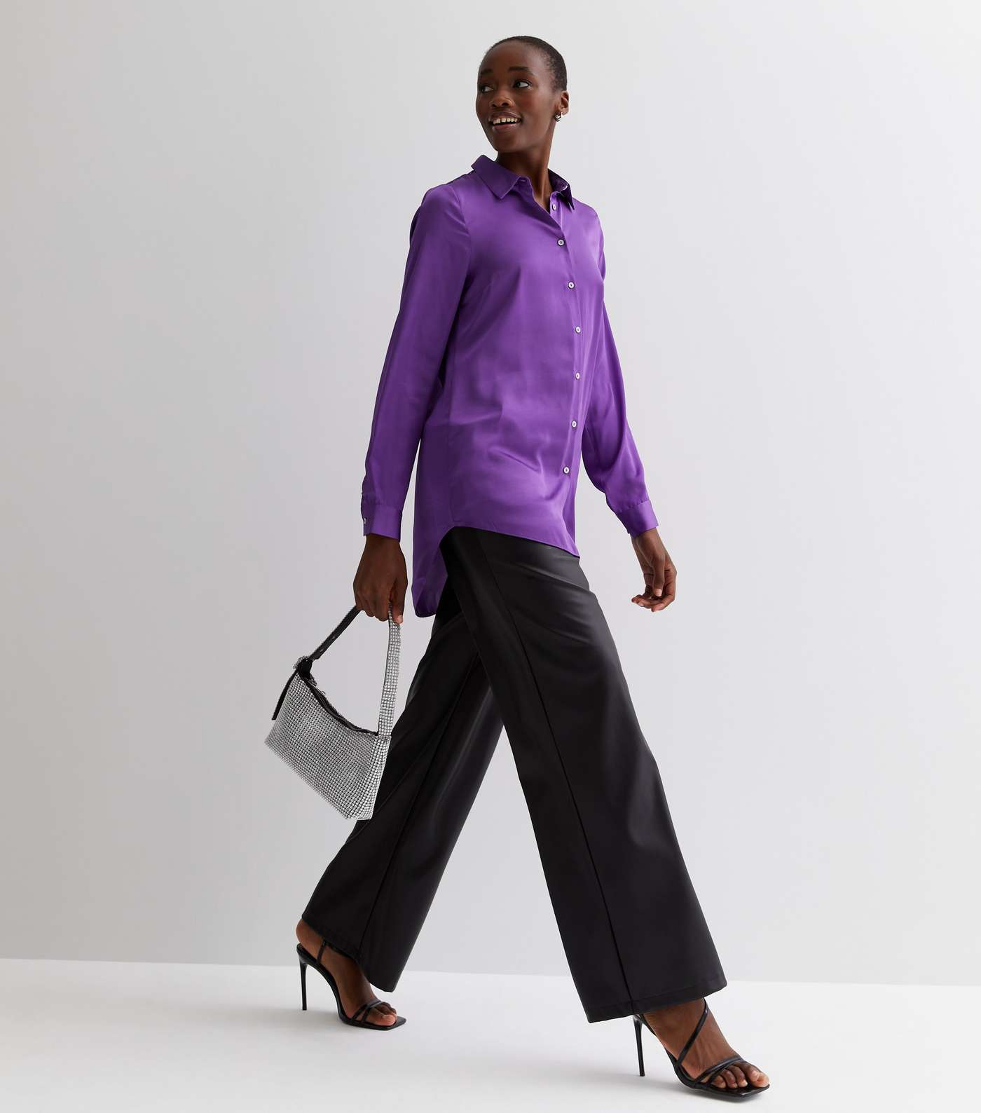 Tall Purple Satin Long Sleeve Oversized Shirt Image 2
