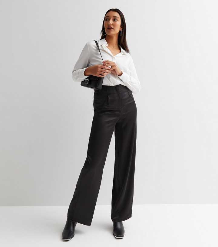 Tall Black Satin High Waist Wide Leg Trousers | New Look