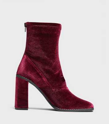 London Rebel Burgundy Velvet Block Heel Boots